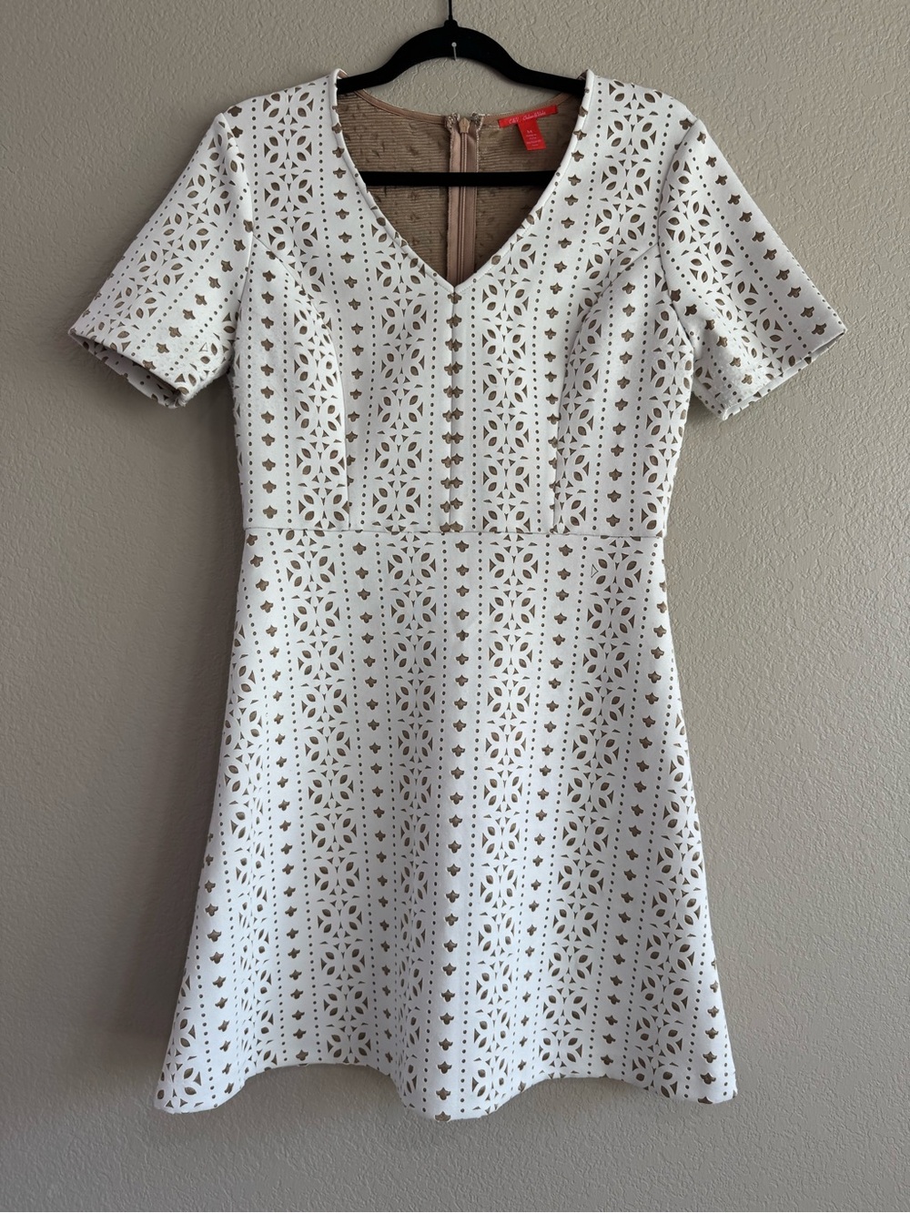Chelsea & Violet White and Tan Laser Cut Out V Neck Fit and Flare A Line Dress